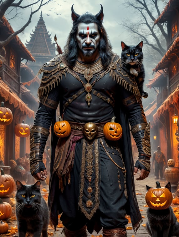 A scary man wearing Halloween costumes indian real also with his cat wearing Halloween costumes