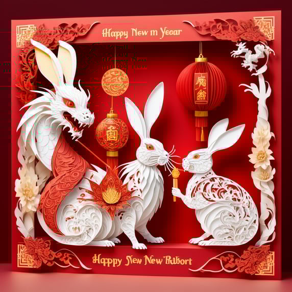 A red dragon and a white rabbit celebrate the New Year in front of a red background. The dragon is holding a lit firecracker and the rabbit is watching. The background is red and festive, with the text "2024 Happy New Year" on the background; 一條紅色的龍和一隻白色的兔子在紅色背景前慶祝新年。龍持有一根點燃的爆竹，兔子正在觀看。背景紅色喜氣，背景上有文字 “2024 Happy New Year “