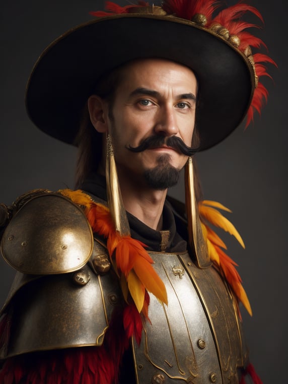 High resolution, high quality, high detail, soft lighting, cinematic lighting, realistic, DSLR, bokeh, studio quality, film grain, panorama, film grab of a young landsknecht wearing a large hat with colorful feather plumes, plate armor, black shirt, moustache, holding a very long sword, standing, simple background, 80s fantasy movie