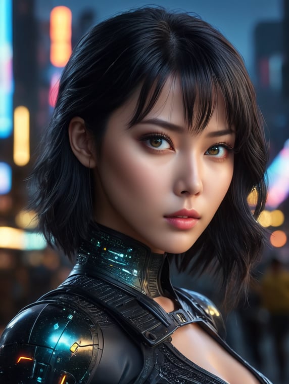 Beautiful full body shot of Reika, black latex bodyshuit, straight black hair, science fiction, cyberpunk city in the background, gantz, In the Style of Cyberpunk 2077, Ultra realistic photo face of a beautiful woman, masterpiece, best quality, CG, wallpaper, HDR, high quality, high-definition, extremely detailed, beautiful detailed face, beautiful detailed eyes, detailed light intricate detail, highres, detailed face, extremely detailed face, beautiful face, young woman, Jewel-like eyes, neon light, chiaroscuro, anime style, key visual, intricate detail, highly detailed, breathtaking, vibrant, cinematic