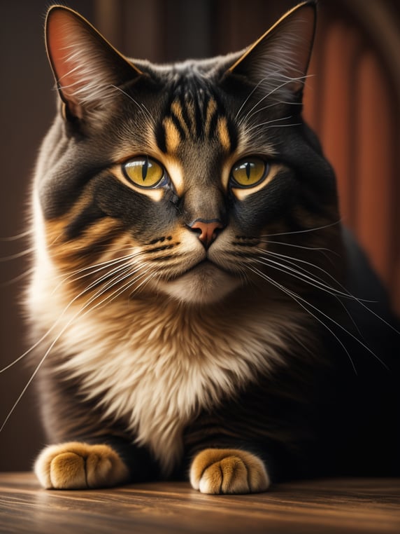 Awesome Britain cat on the wood table looking up at the camera, a stock photo, conceptual art, photorealistic