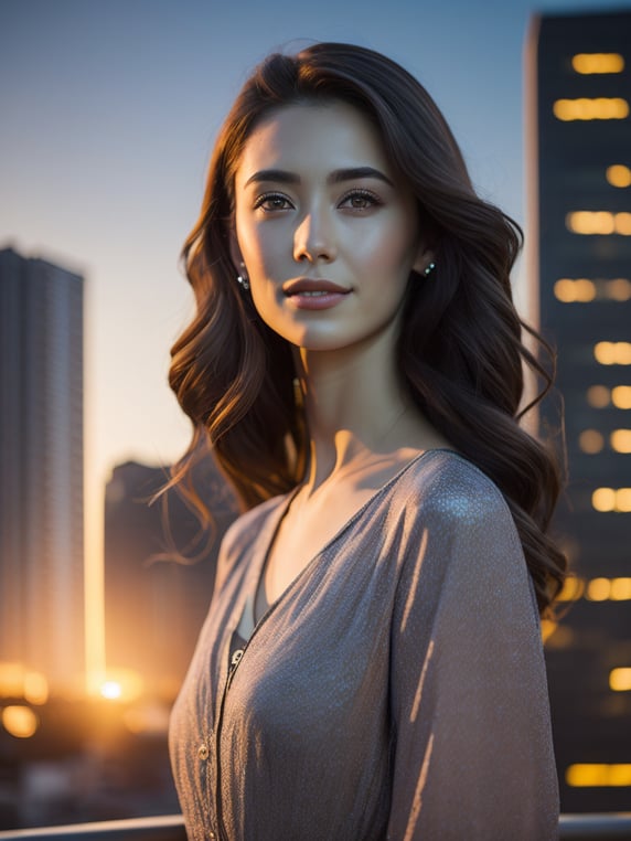 Generate a photorealistic image of a girl standing on a city rooftop at morning. She's wearing a summer dress with floral patterns, her brown hair flowing loosely in the gentle breeze. Behind her, the skyscrapers and city lights paint a stunning backdrop, with the golden hues of the setting sun highlighting the scene
