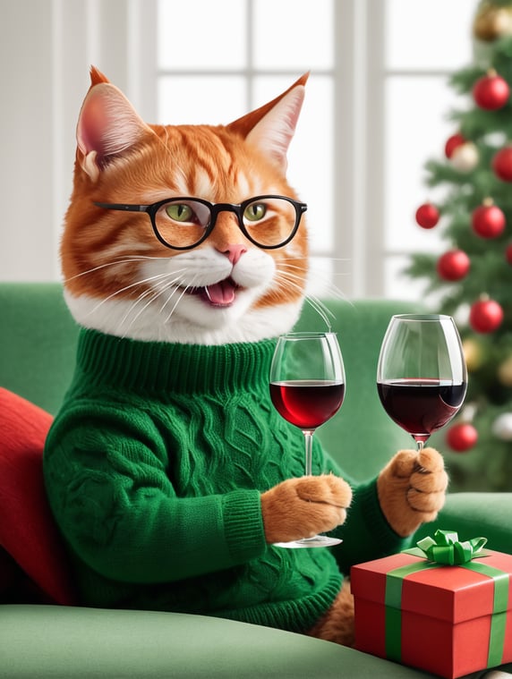 a cheerful and laughing ginger cat, wearing a red New Year's knitted sweater with deer, the cat has a white beard and mustache, and round glasses on his face. the cat is sitting on a green velvet sofa, holding a glass of red wine in his right paw. There are gift boxes with red and green bows around the sofa. A small green draco sits nearby and holds a bottle of red wine.