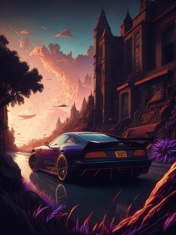 Illustration of super cars by dan mumford, alien landscape and vegetation, epic scene, a lot of swirling clouds, high exposure, highly detailed, fantastical, vibrant purple tinted colors, uhd