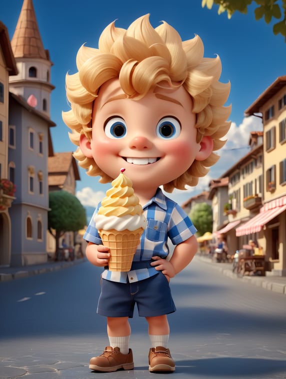 A young boy with a round face and blond curly hair, brown eyes, rosy cheeks, wearing a light checkered shirt, dark blue shorts, a smile on his face, in his hand an ice cream waffle cone, against the backdrop of a small Italian town with many details, blue sky with clouds, sunny day, bright saturated colors, high quality details