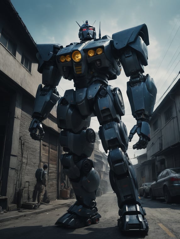 Large bipedal robot squashing a car with one of its feet. In the style of a gundam robot, rendered photographically.