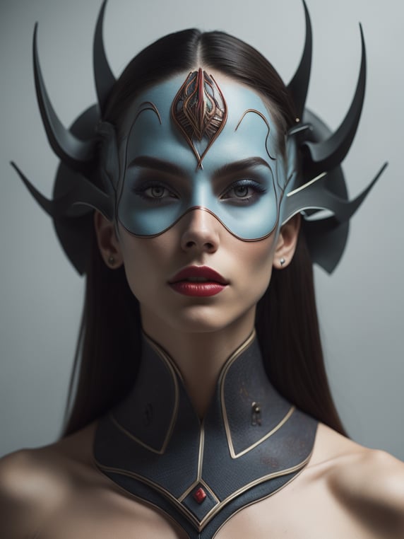 a woman with red facial tattoos and eye makeup, in the style of futuristic shapes, gregory colbert, symmetrical asymmetry, light blue and maroon, zen-inspired, gender-bending iconography, goblincore