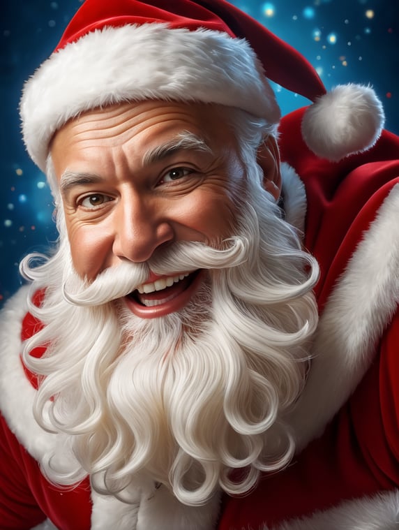 Portrait of Santa Claus smiling, whimsical facial expression, flowing white beard, jolly caricature, saturated colors, red outfit, sharp focus, portrait photography, depth of field, dramatic candlelit lighting, incredibly high detailed, blue background, blurred background,