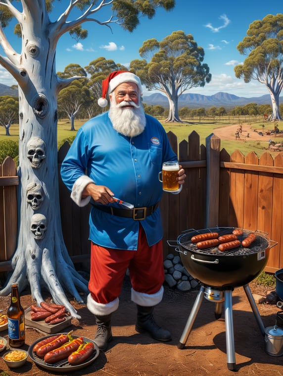 Santa wearing shorts, a short sleeve blue shirt, and wearing flip flops, cooking sausages on a small barbeque. He is standing on grass next to an Australian ghost gum tree, with a backyard fence behind him and a blue sky. He is holding a can of beer in one hand and metal barbeque tongs in the other hand