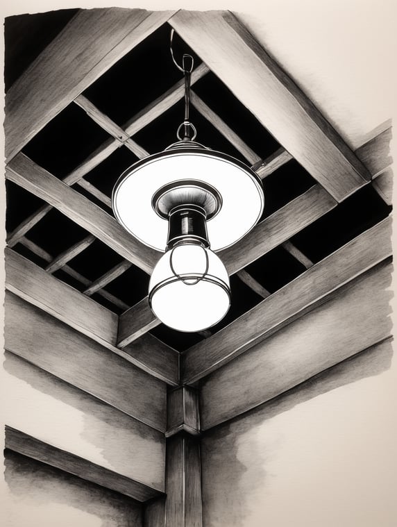 Ink pen sketch, low light, low detail, of a lamp in the ceiling of a basement.
