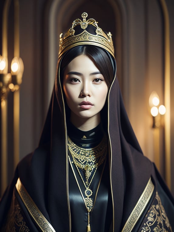 lola tung with arabic fashion black cloak and gold crown in the Renaissance ottoman throne kingdom, photo realistic, ultra-accurate detailed, bokeh lighting, hyper-realistic, real photo, real face of rose blackpink, ultra-detailed photograph
