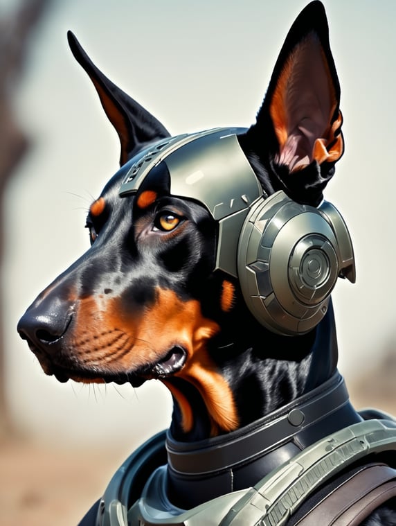 doberman ears futuristic dog warrior in war