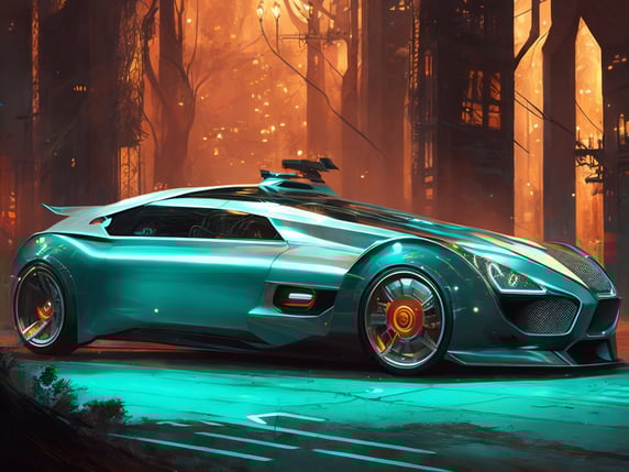 Wide shot of a minimal biomechanical translucent vehicle reminiscent of 40s car, silver and black colors, led lights, glowing headlights, creepy ambiance, fog,