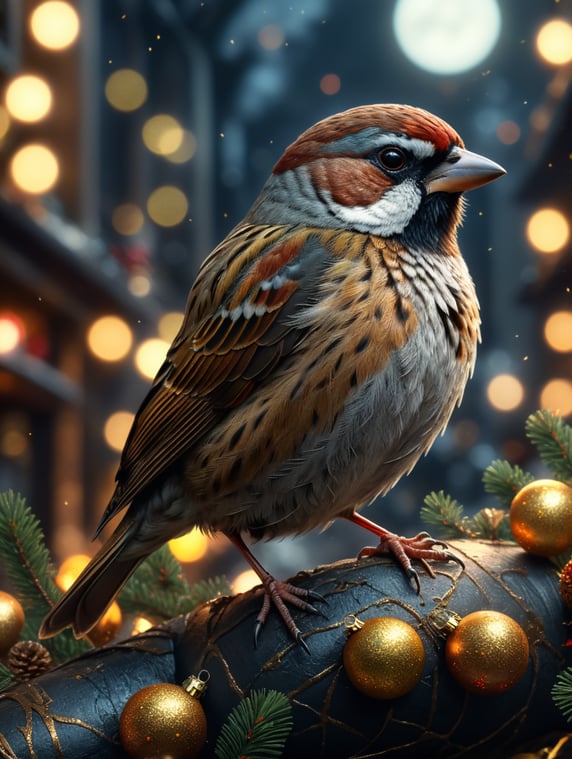 A sparrow on a mopndi. and New Year's Eve.