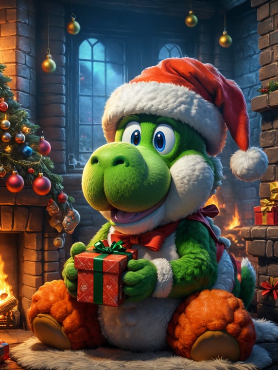 Original Nintendo Yoshi sitting by a fireplace holding a christmas gift