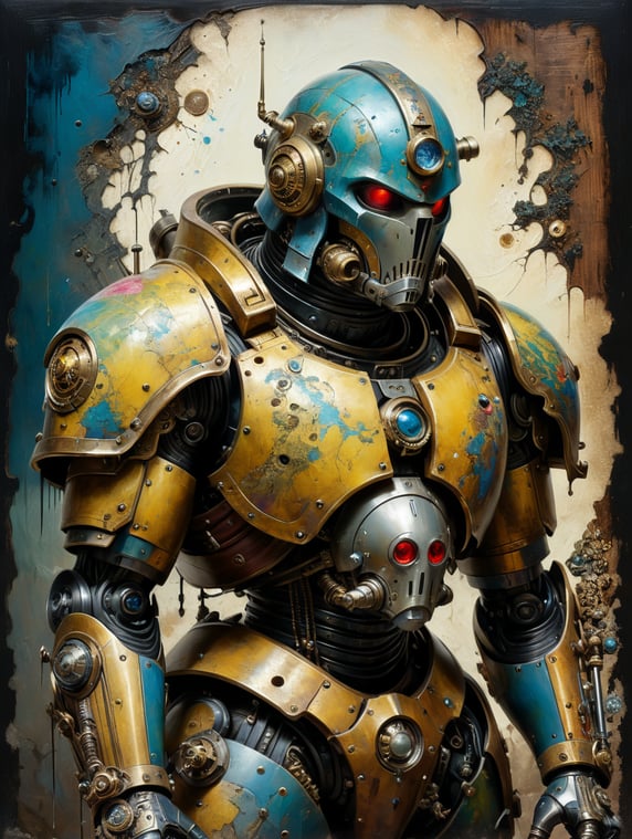 Surreal Psychedelic Pop Art, Warwick Goble, Heinrich Kley, Vermeer, Warhammer Cyborg Guardian Spacemarine, 2nd Century Encaustic painting on Wood, decaying paint curling and cracked, massive scale surrealism, robotic features, abstract hyperrealism, iridescence, palette knife texture, at an obscure angle, mechanical precision