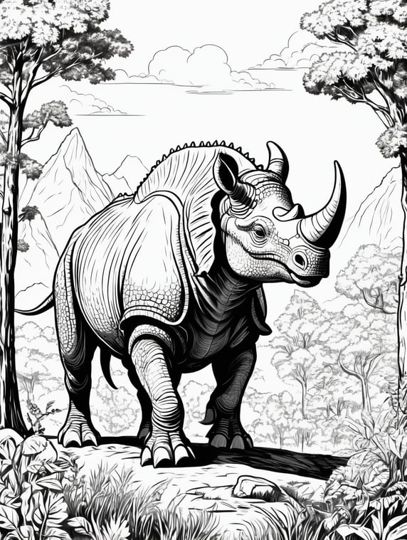 Coloring book page on white background. Create a coloring page featuring a Triceratops dinosaur smiling on a forest. The Triceratops should be depicted in a playful and friendly manner, suitable for children. Ensure that the dinosaur's distinctive features, such as its three horns and frill, are clearly visible. The background can be a simple, natural setting, like a grassy field or a prehistoric landscape. The drawing should be detailed enough to be interesting but not too complex for young children to color. A large bony ridge that extends across the back of its skullfull, body, Style: simple line illustration, Disney style, ink drawing, very bold line, line art, clipart, black and white only, do not use gray