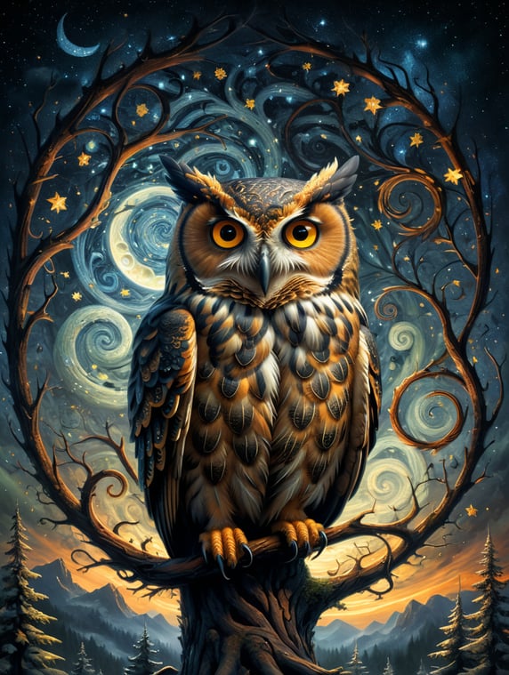 Swirly Starry night sky in the forest. Majestic owl. Beautiful. Highly detailed. Fractals. Intricate motifs. Art brut. Perfect composition. Diazotype printing.
