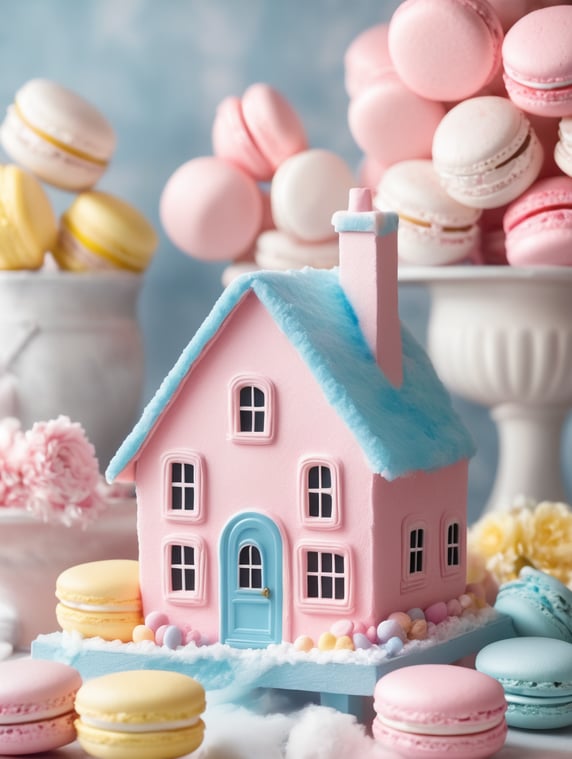 Creating a charming little house made of cotton candy, featuring shades of pink, rose, white, yellow, and blue. In the background, highlighting giant macarons in white, creating a magical and cozy atmosphere.