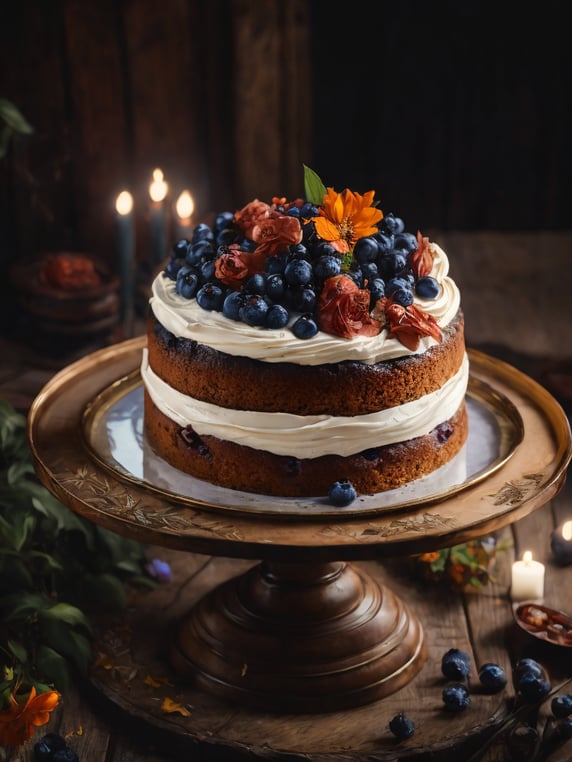 Blueberry cake with flowers, sharp on details, deep atmosphere