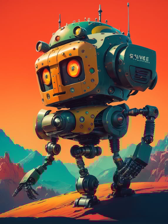 60s cartoon style photo of a huge savage emopunk robot in far off galaxy, style of hannah barbara, studio ghibli, akira toriyama, james gilleard, warner brothers, trending pixiv fanbox, acrylic palette knife, vibrant colors, devinart, trending on artstation, low details, smooth