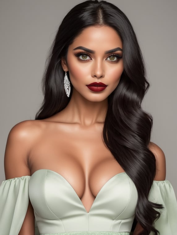 deeply tanned olive skinned woman with green eyes, black winged eyeliner, full red lips, a very large bust, and very long black hair, and a slightly elongated face. She is wearing a revealing, strapless dress