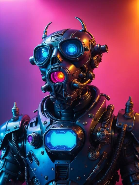 Robot with futuristic gas mask, with decorative teeth, cyberpunk, punk style, neon blue and magenta lighting, in Tokyo, moody, glowing eyes, pixel style; Robot con mascara anti gas futurista, con dientes decorativos, ciberpunk, estilo punk, ilumicion neon azul y magenta, en tokio, mal humorado, ojos brillantes, estilo pixel