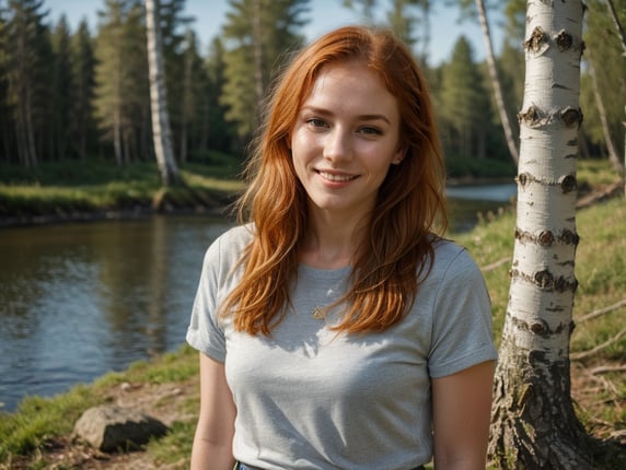 Freckled French 23 years old redhead, sunny day, against the backdrop of a river with birch trees, Finland, bright color, the girl looks hot, smiling, all body visible, joyful and youthful demeanor, vibrant photograph, wearing a miniskirt and sneakers, flirting