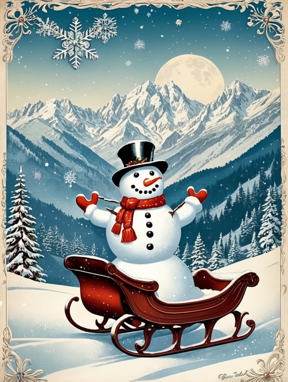 Snowman in a front of Austrian, Tyrol vintage Christmas postcard illustration brimming with nostalgic winter scenes, adorned with sleigh bells and delicate snowflakes
