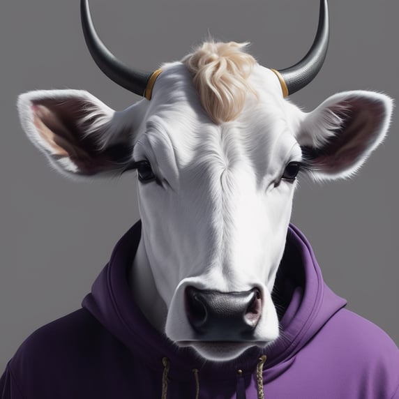 Hip Hop white cow,portrait, in violet hoodie, style of Giuseppe Arcimboldo