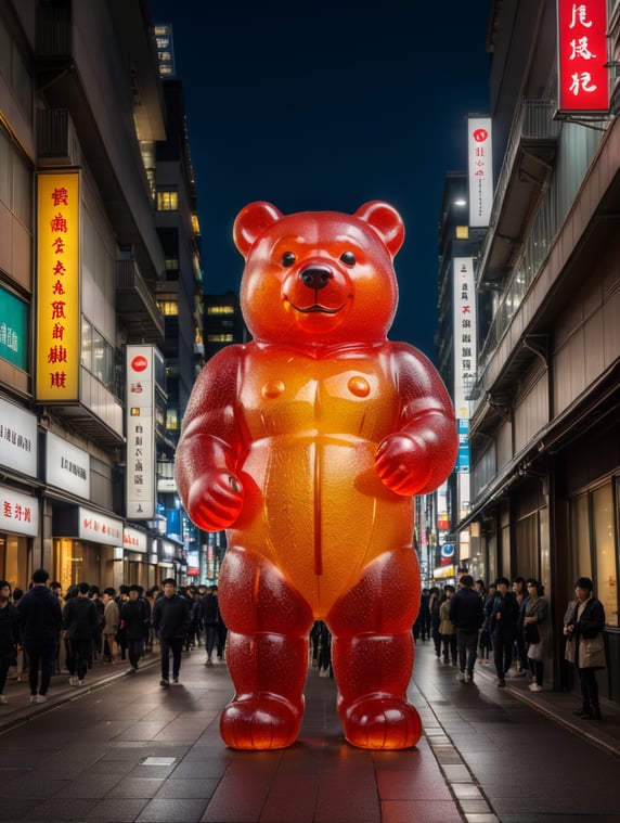 A giant gummy bear, 4 stories tall, walking through tokyo at night