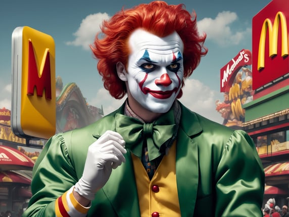 Ronald Mcdonald Joker image with mcdonald's iconic logo billboards and fantasy background