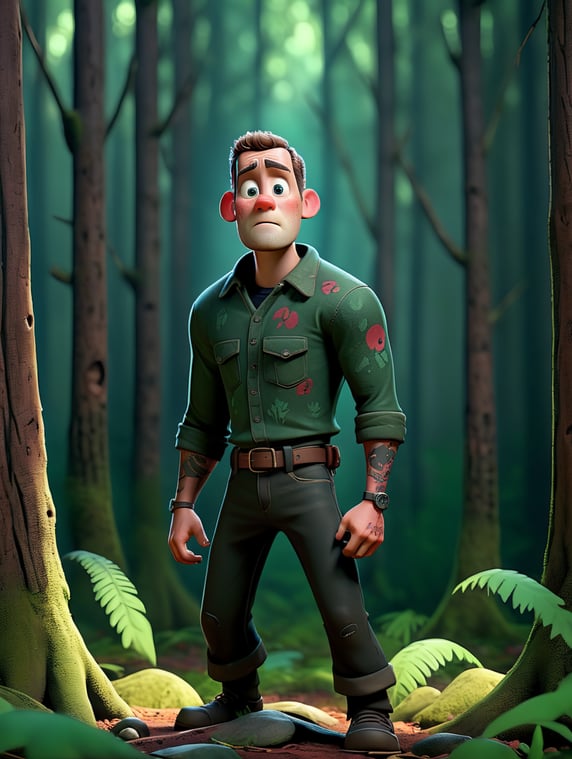 Image of Jason from the film Friday the 13th in full-body vertical format, presenting the reality of a forest with bodies on the ground and tied to trees and skulls, applying reality to the image, in 4k quality.