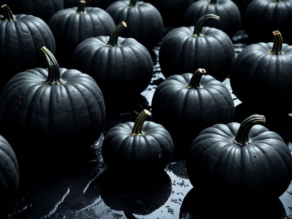 Black pumpkins in a spooky black field 8k 50 pumpkins in view