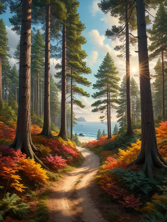 A S-shaped sandy cart path through tall pine tree forest leading towards the sea which is bearly visible through the trees, extremly colourful vibrant autumn with sun hitting through treetops from the left side, 3D depth, mystical awe, warm light coming through the foliage from the right side