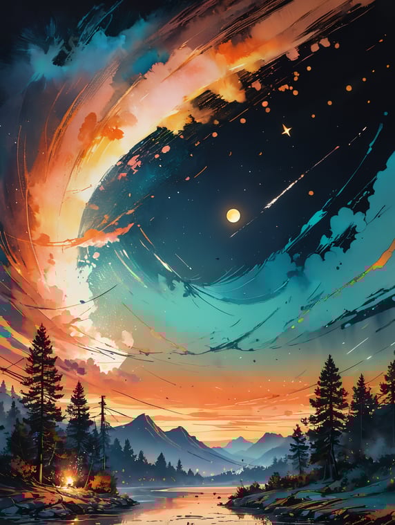 A few Fireworks in sky at night with stars and moon