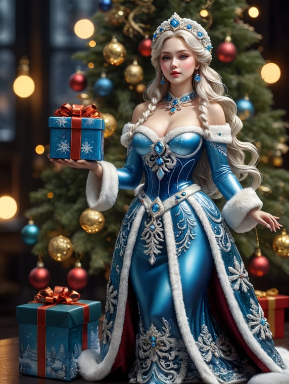 Snow Maiden small glass glass figure holding gift box, christmas toy for the christmas tree