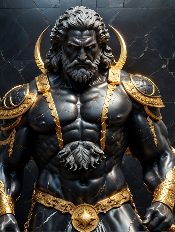 Black matte marble statue of a zeus, ray of the sun, cracks covered with gold, Azulejo style