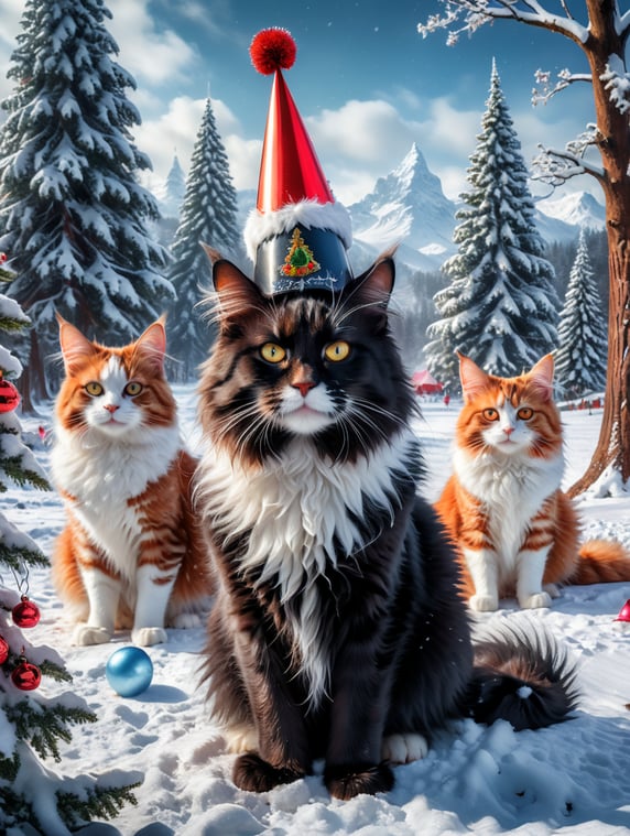 an Icelandic black and white maine coon cat in an snowy environment, with two red haired smaller cats, with trees in the background, some mice, and a girl behind a tree wearing a party hat