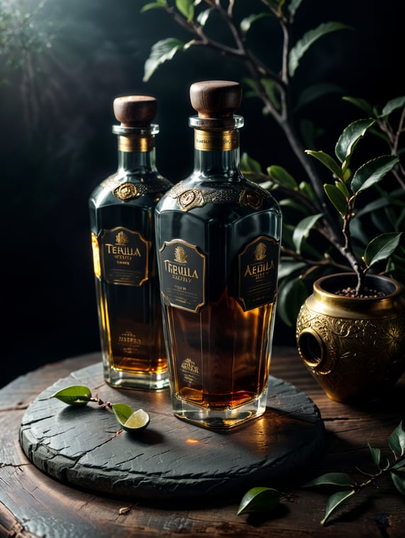 I want to make a 700 ml ceramic ancestral tequila bottle. With a gold metal stopper. A bottle and some tree branches should be placed on a wooden table. We want the brand to be faithful to the old pre-Hispanic style.; Quiero hacer una botella de tequila ancestral de cerámica de 700 ml. Con un tapón de metal dorado. Sobre una mesa de madera deben colocarse una botella y unas ramas de arbol . Queremos que la marca sea fiel al antiguo estilo prehispanico.