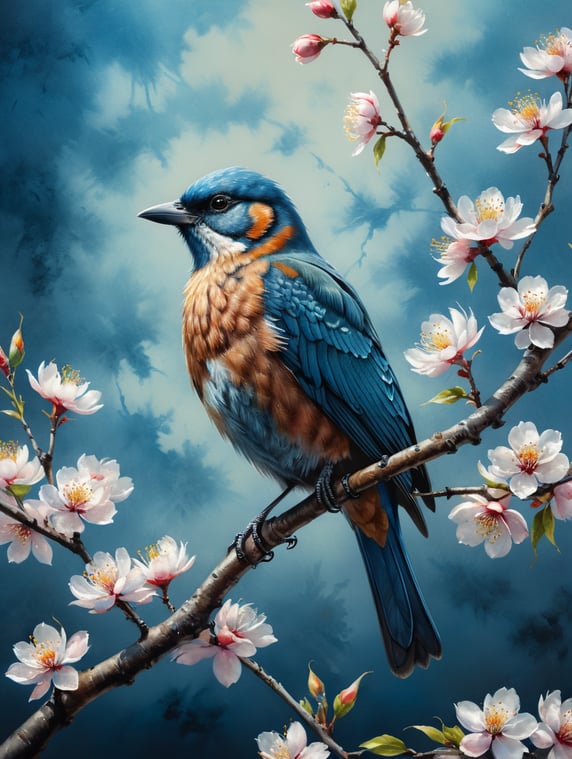 Chinese style bird sitting in a blossom tree painted in watercolour with blue background with texture
