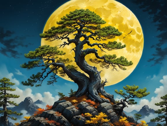 haiku, Japanese landscape, autumn moon draws a pine tree in ink against the blue skies. night, yellow perfectly round moon, crooked pine bonsai; хокку, японский пейзаж, осенняя луна сосну рисует тушью на синих небесах. ночь, желтая идеально круглая луна, кривая сосна бонсай