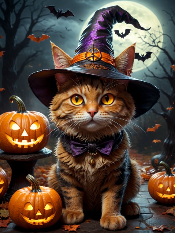 Halloween cat in witch’s hat cute Jack o lantern