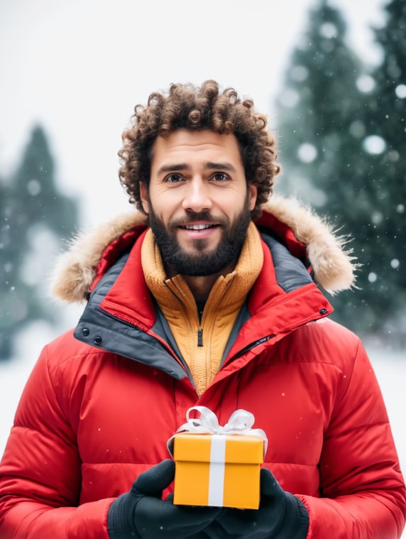 portrait of a bearded curly man wearing red puffer jacket, stands front camera with gift box his hand, snowy weather, Christmas time