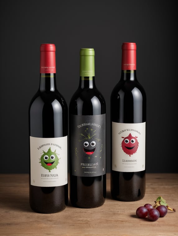 two bottles of red wine with labels illustrated by a kindergartner with happy faces and stick characters with vibrant colors, with worn paper cut, phosphorescent green and dry green cap in minimalist professional photography set with dark gray background; dos botellas de vino tinto con etiquetas ilustradas por un niño de kinder con caras felices y personajes de palitos con colores vibrantes, con suaje de papel desgastado tapon verde fosforescente y verde seco en set fotografico profesional minimalista con fondo gris obscuros