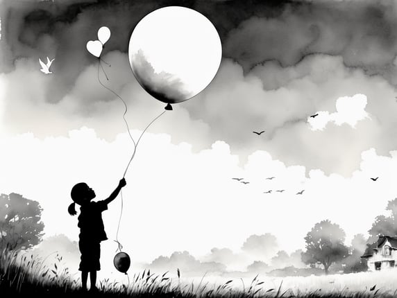 A black and white ink illustration, A happy child holds a balloon in his hand