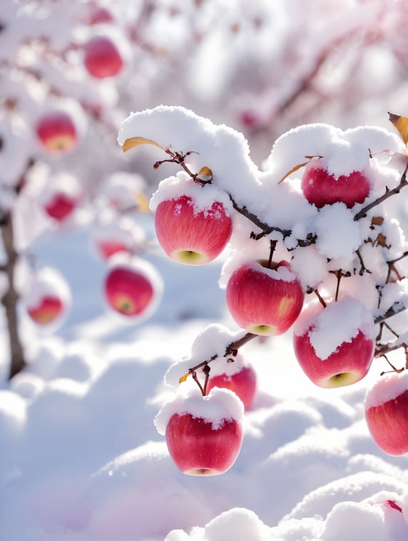 apples in the snow. Pink on white. Close-up. Sunny winter day