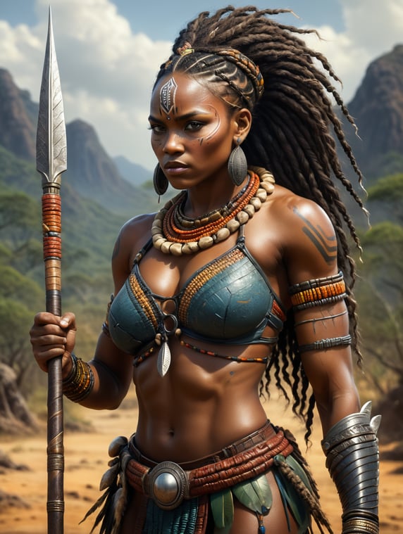 African woman, Amazon warrior, determined, braided hair, wearing a cowrie bracelet on her left arm, holding a spear in her right hand,; femme africaine, guerrière amazone, determiné, cheveux tressées, portant un bracelet de cauri au niveau du bras gauche, tenant une lance dans la main droite,