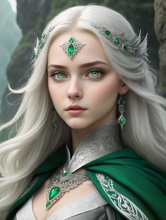 Book character. She's 14 years old, has sharp green eyes as intense as almost two emerald gems. She has very pale skin, almost ethereal. She's maybe 5 foot 2. She wears a dense grey robe that covers all her body, with the embroidered emblem of an asleep grey howl - eyes closed, wings closed - on the heart of her outfit. She's witted and very smart. She's more mature than her age would make it seem. She lives in the Basilum : a fortress built within a frozen and magical mountain surrounded by a dense supernatural mist.