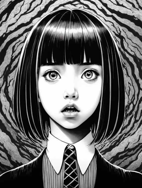 Inspiration of horror manga, a girl with a monster in black and white